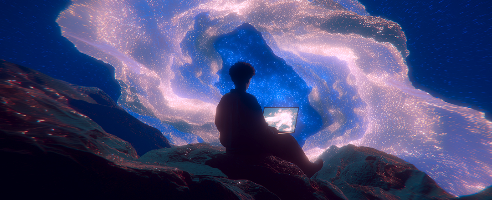 A person working on a laptop before a vast cosmic cave, alone and off-grid.