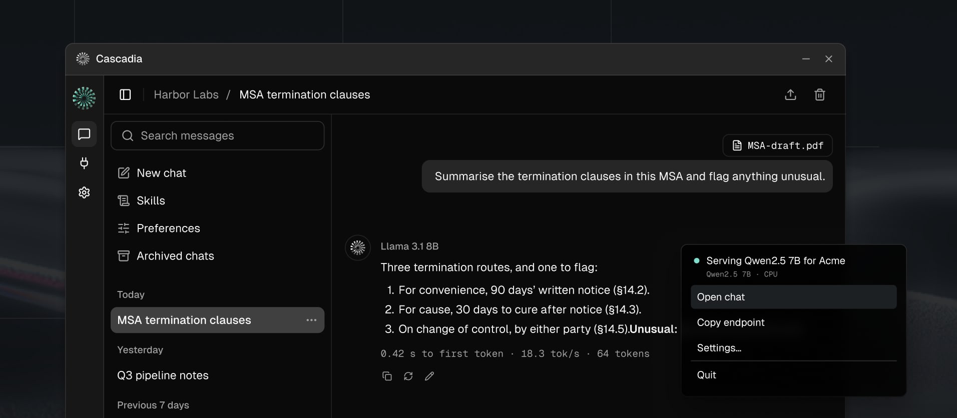 Cascadia Desktop: a chat summarising the termination clauses in an MSA, answered by Llama 3.1 8B, with the tray menu open.