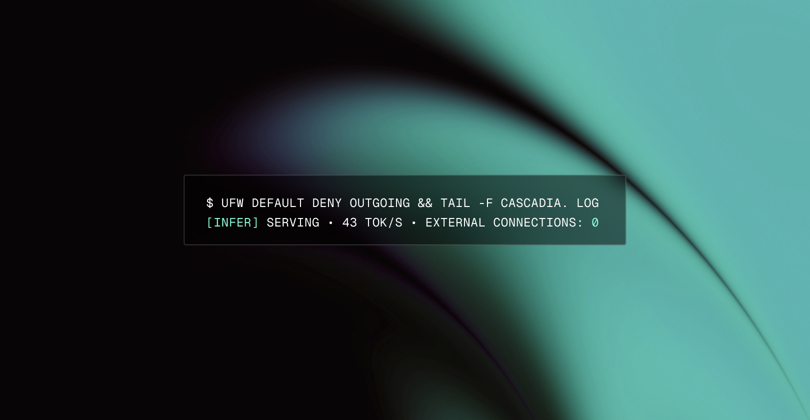 Firewall check: with all outbound connections denied, Cascadia keeps serving with zero external connections.